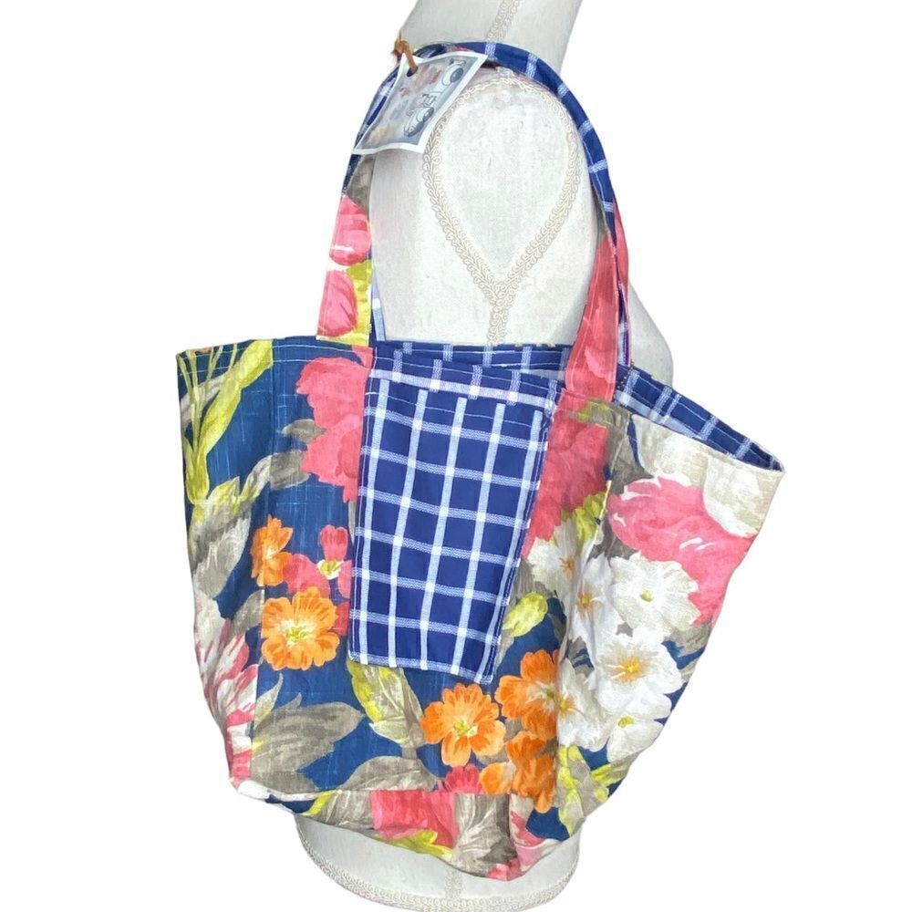 Happy Groovy Designs Reversible Blue White Gingham Floral Open Hobo Bag Purse